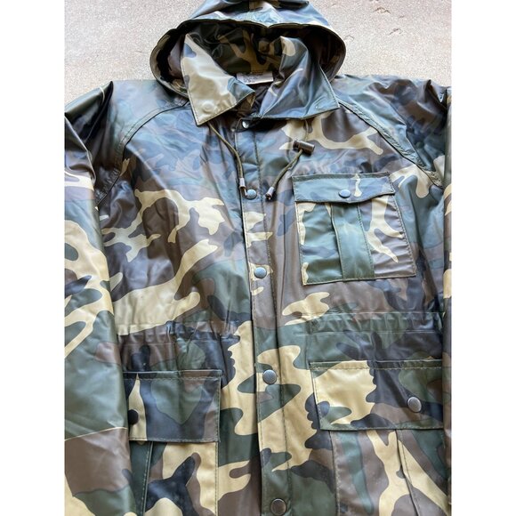 Vintage Duck Bay PVC Camo Hooded Jacket Waterproof Size M Outdoor Hunting Coat - Picture 2 of 5